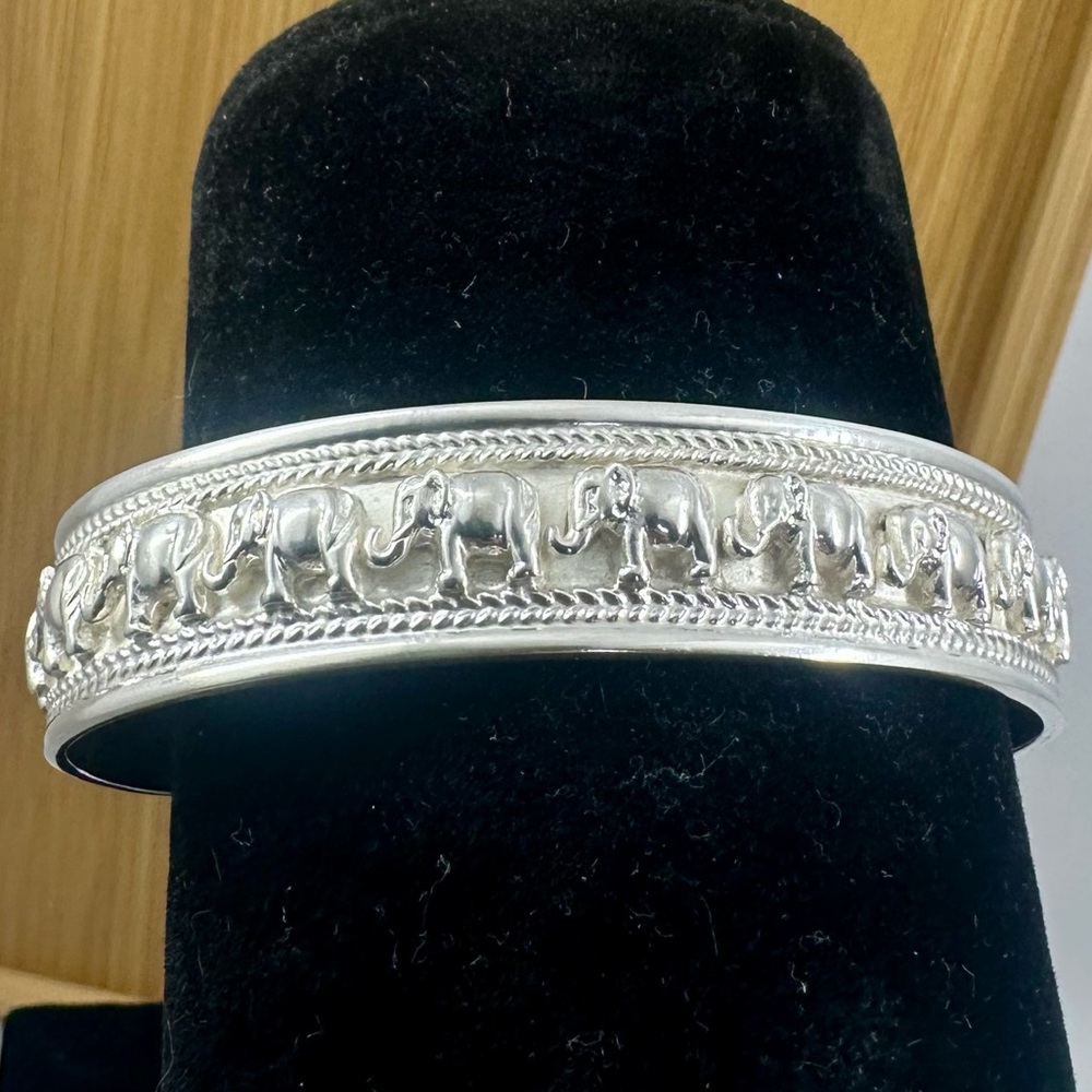 Artisan Sterling Silver Chain of Elephants Cuff Bracelet; Bali Filigree; 26g